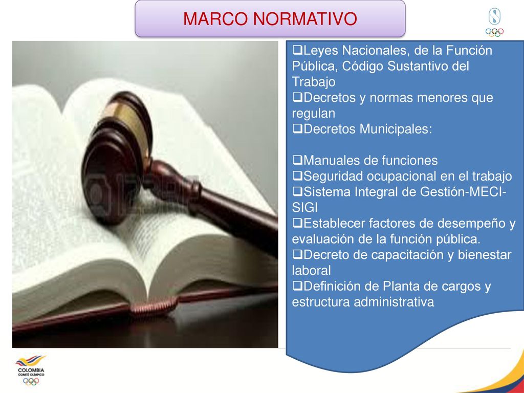 MARCO NORMATIVO Leyes Nacionales, de la Función Pública, Código Sustantivo del Trabajo. Decretos y normas menores que regulan.