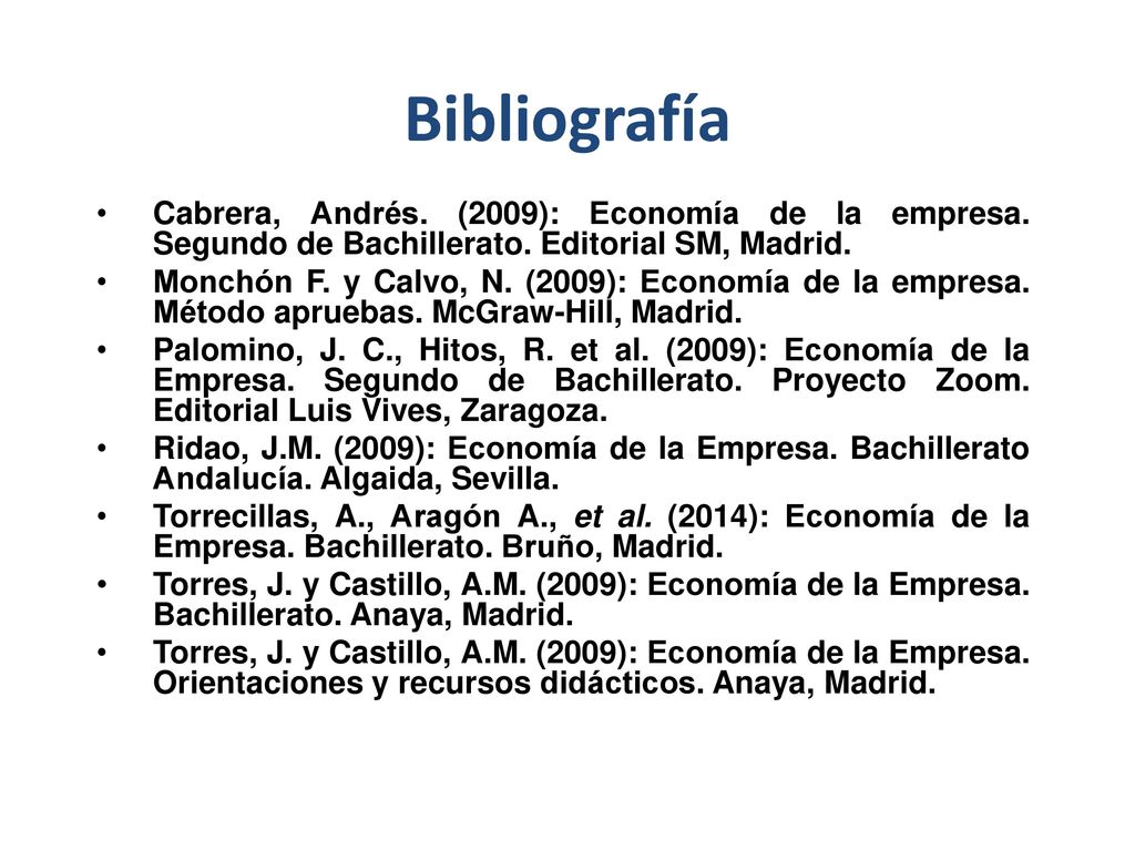 Bibliografía Cabrera, Andrés. (2009): Economía de la empresa. Segundo de Bachillerato. Editorial SM, Madrid.