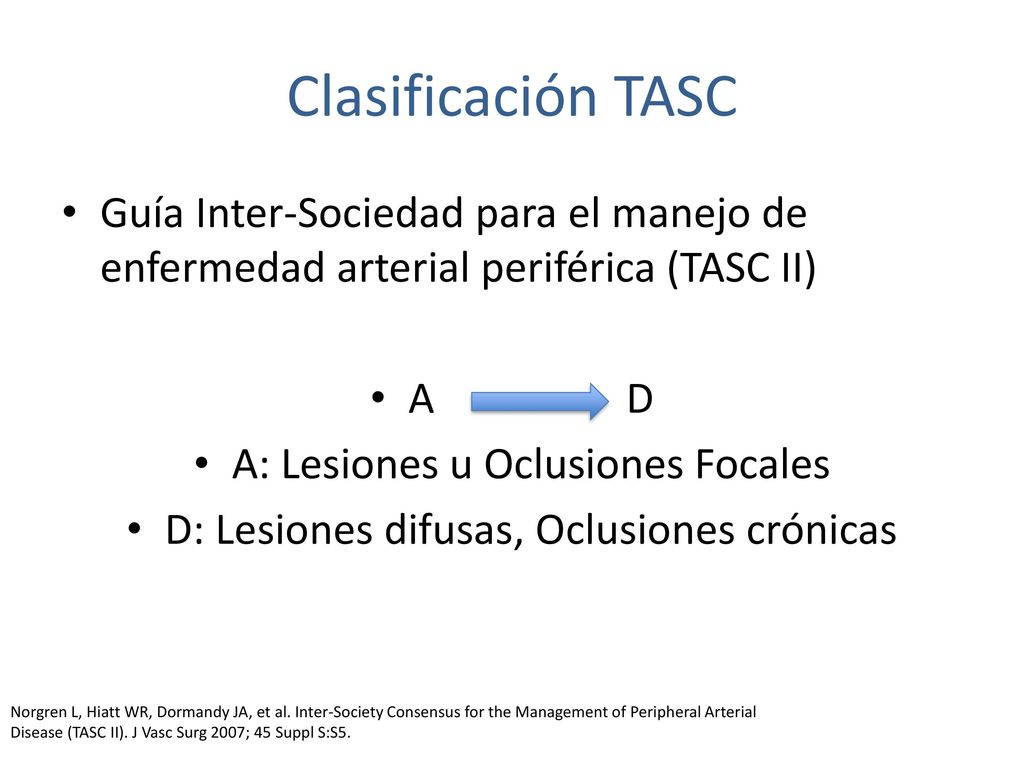 Clasificación TASC Guía Inter-Sociedad para el manejo de enfermedad arterial periférica (TASC II) A D.
