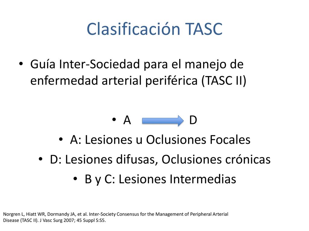 Clasificación TASC Guía Inter-Sociedad para el manejo de enfermedad arterial periférica (TASC II) A D.