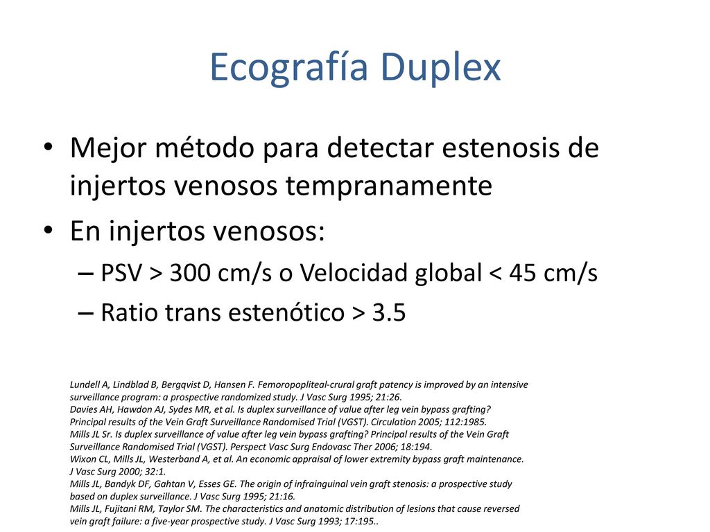 Ecografía Duplex Mejor método para detectar estenosis de injertos venosos tempranamente. En injertos venosos: