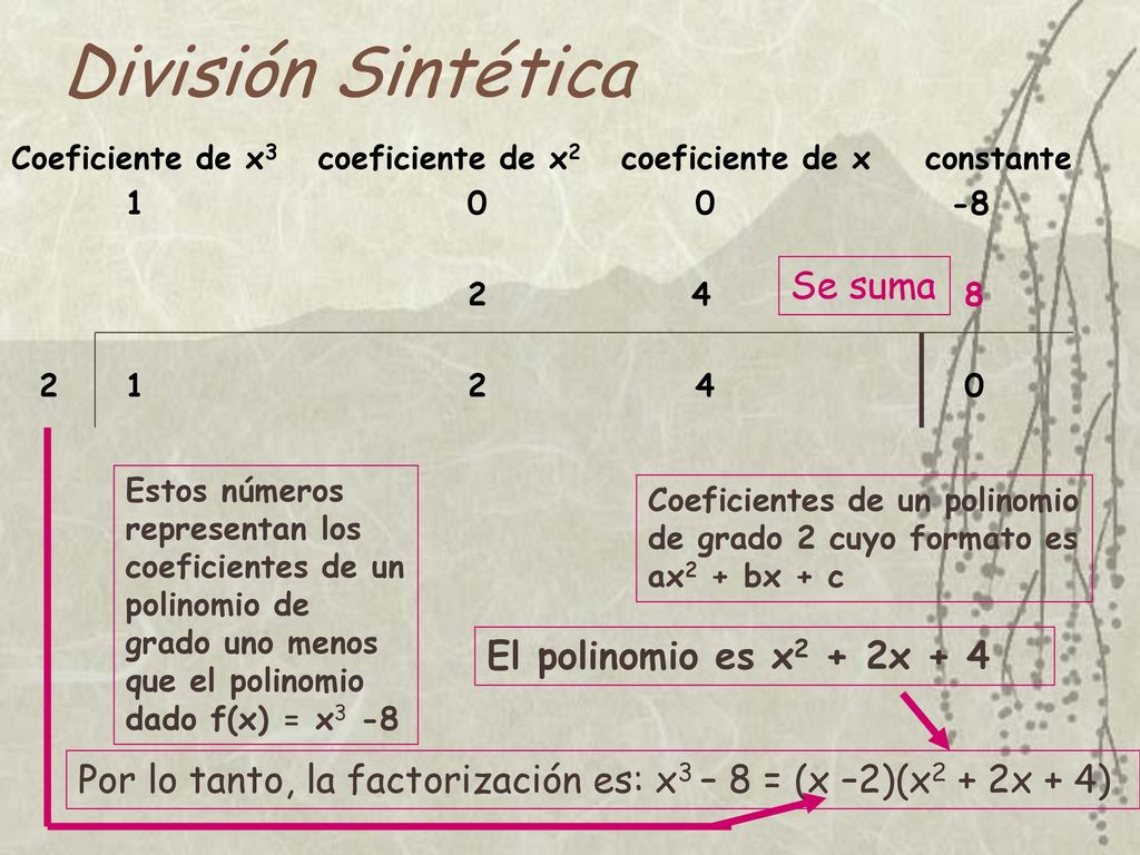 División Sintética Se suma El polinomio es x2 + 2x + 4