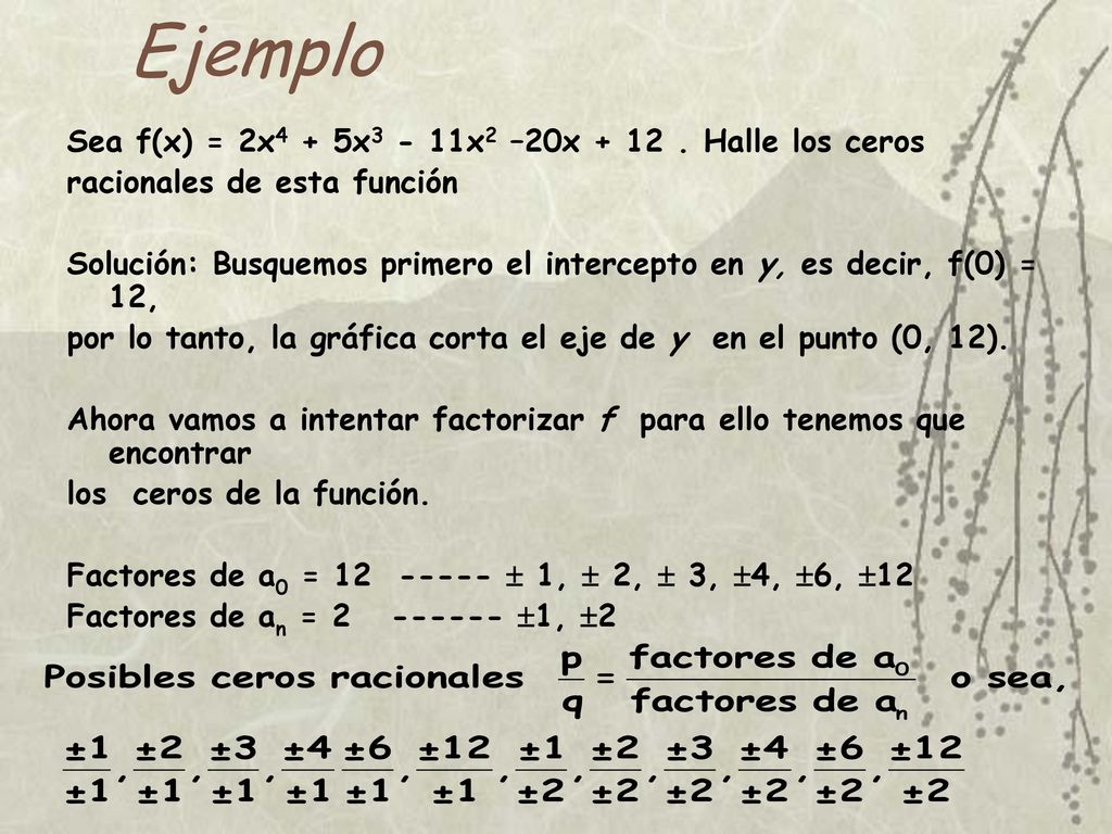 Ejemplo Sea f(x) = 2x4 + 5x3 - 11x2 –20x Halle los ceros