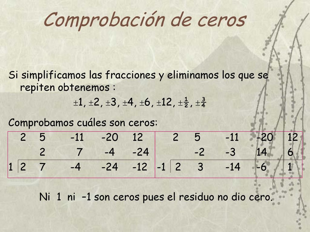 Comprobación de ceros Si simplificamos las fracciones y eliminamos los que se repiten obtenemos : 1, 2, 3, 4, 6, 12, ½, ¾.