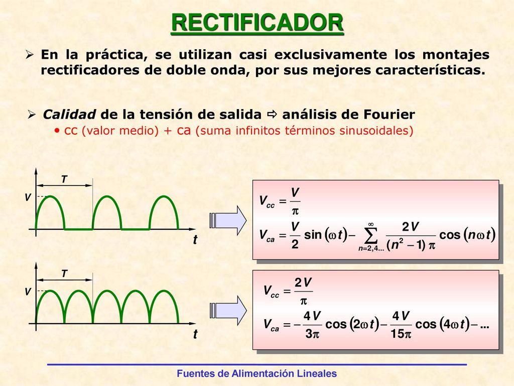 RECTIFICADOR En la práctica, se utilizan casi exclusivamente los montajes rectificadores de doble onda, por sus mejores características.