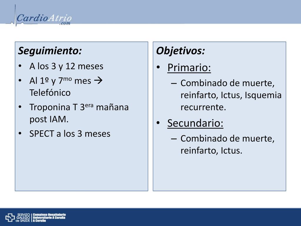 Seguimiento: Objetivos: Primario: Secundario: A los 3 y 12 meses