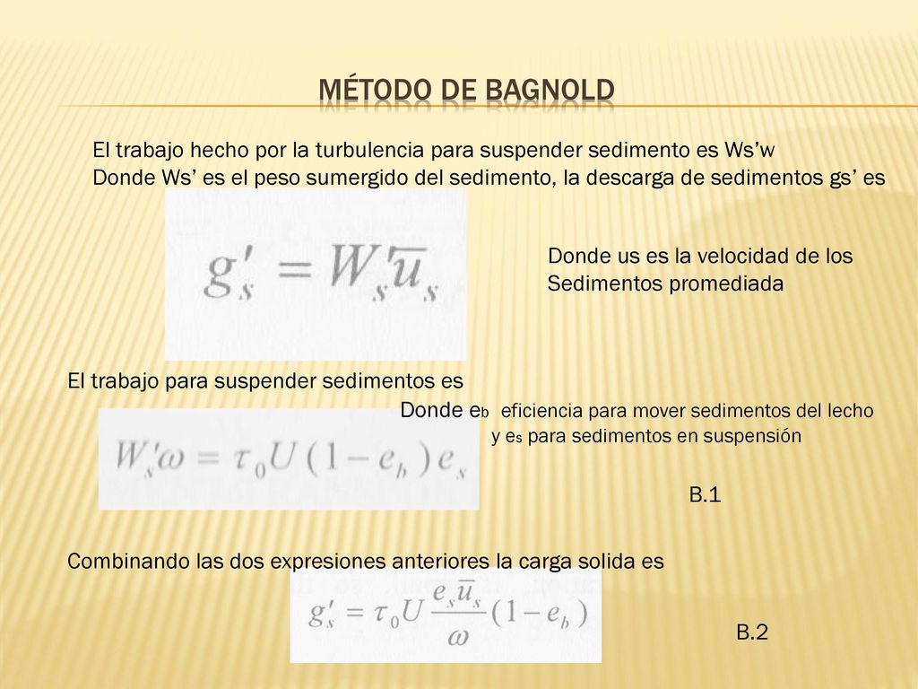 Método de Bagnold El trabajo hecho por la turbulencia para suspender sedimento es Ws’w.