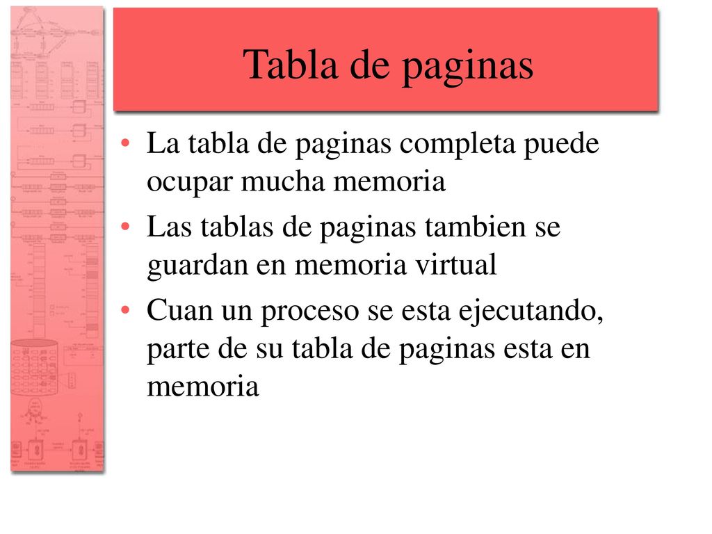 Tabla de paginas La tabla de paginas completa puede ocupar mucha memoria. Las tablas de paginas tambien se guardan en memoria virtual.