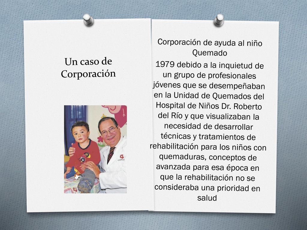 Corporación de ayuda al niño Quemado 1979 debido a la inquietud de un grupo de profesionales jóvenes que se desempeñaban en la Unidad de Quemados del Hospital de Niños Dr. Roberto del Río y que visualizaban la necesidad de desarrollar técnicas y tratamientos de rehabilitación para los niños con quemaduras, conceptos de avanzada para esa época en que la rehabilitación no se consideraba una prioridad en salud