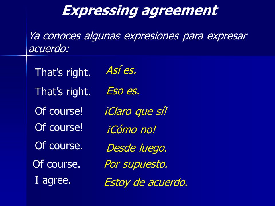 Expressing agreement Ya conoces algunas expresiones para expresar acuerdo: Así es. That’s right. Of course!