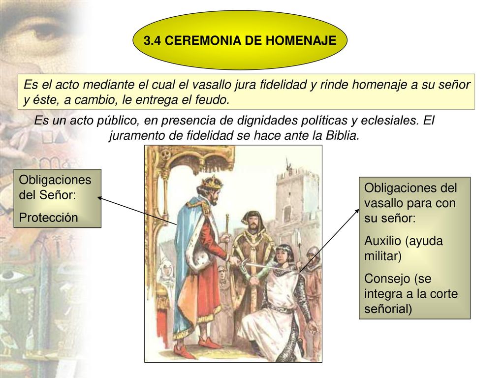 Es el acto mediante el cual el vasallo jura fidelidad y rinde homenaje a su señor y éste, a cambio, le entrega el feudo.