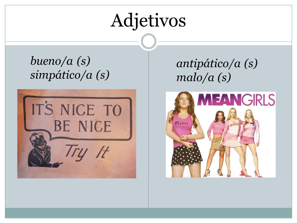 Adjetivos bueno/a (s) simpático/a (s) antipático/a (s) malo/a (s)
