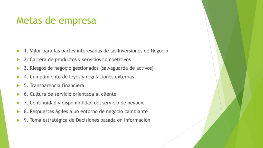 Metas de empresa 1. Valor para las partes interesadas de las Inversiones de Negocio. 2. Cartera de productos y servicios competitivos.