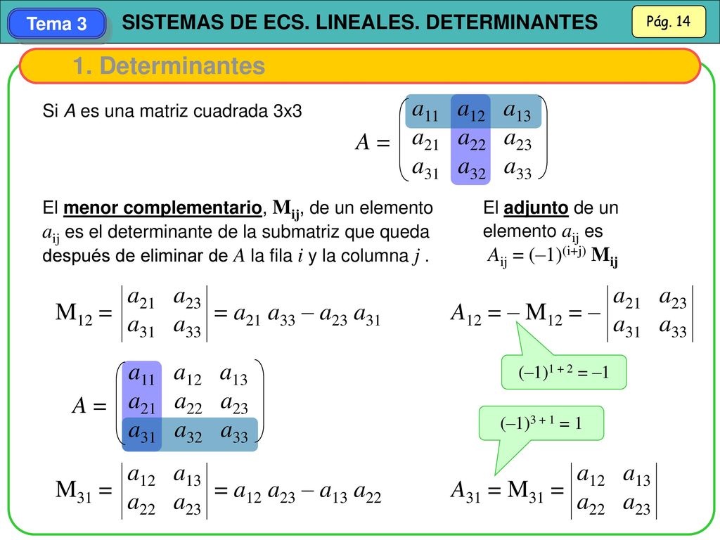 1. Determinantes A = a11 a12 a13 a21 a22 a23 a31 a32 a33 a21 a23
