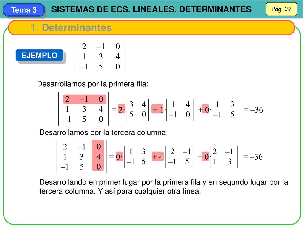 1. Determinantes 2 – – EJEMPLO. Desarrollamos por la primera fila:
