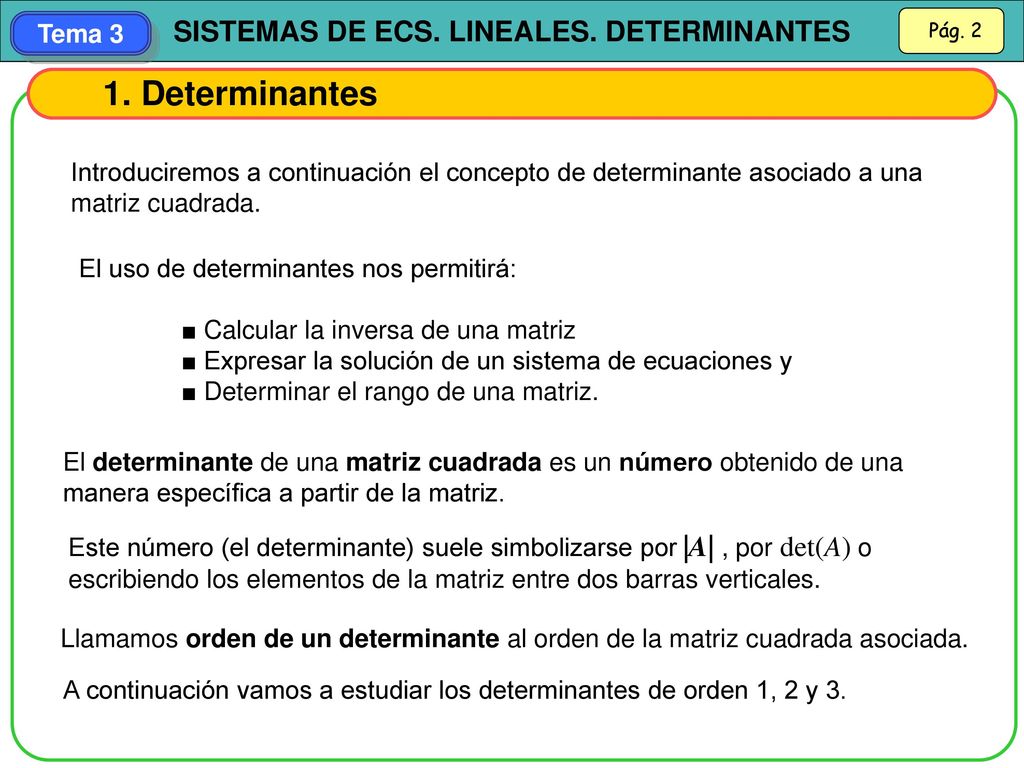 1. Determinantes Introduciremos a continuación el concepto de determinante asociado a una matriz cuadrada.