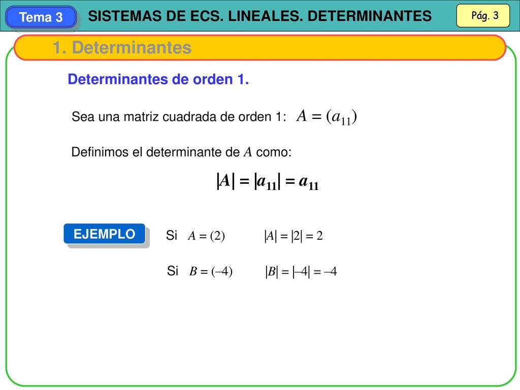 1. Determinantes |A| = |a11| = a11 Determinantes de orden 1.