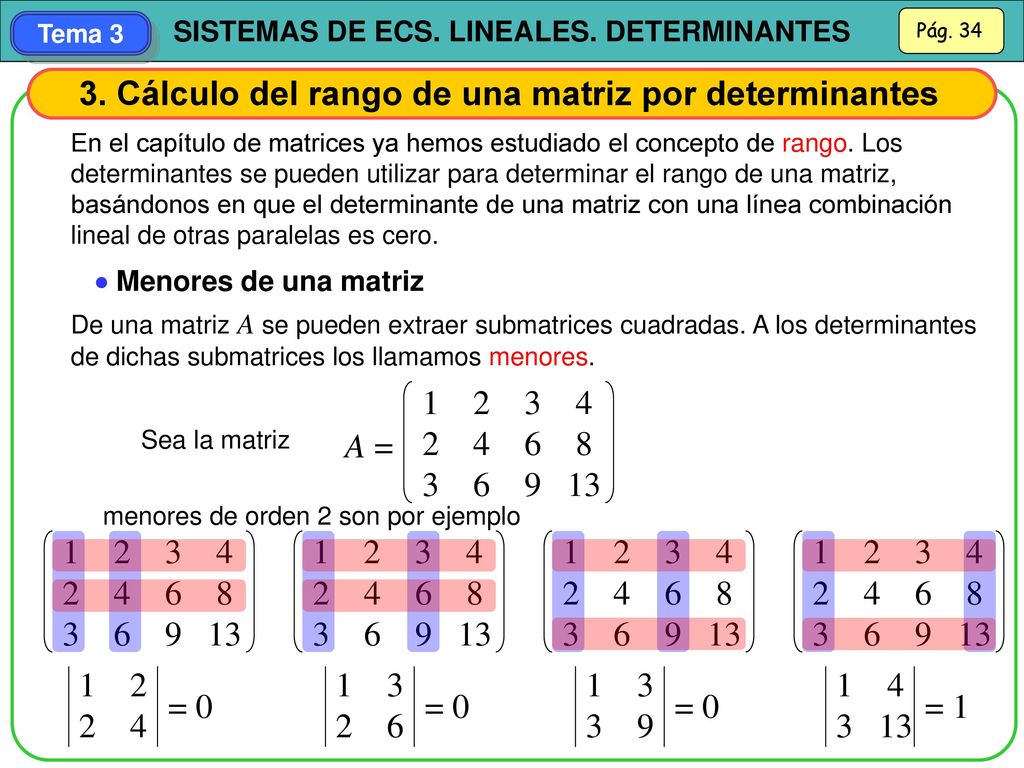3. Cálculo del rango de una matriz por determinantes