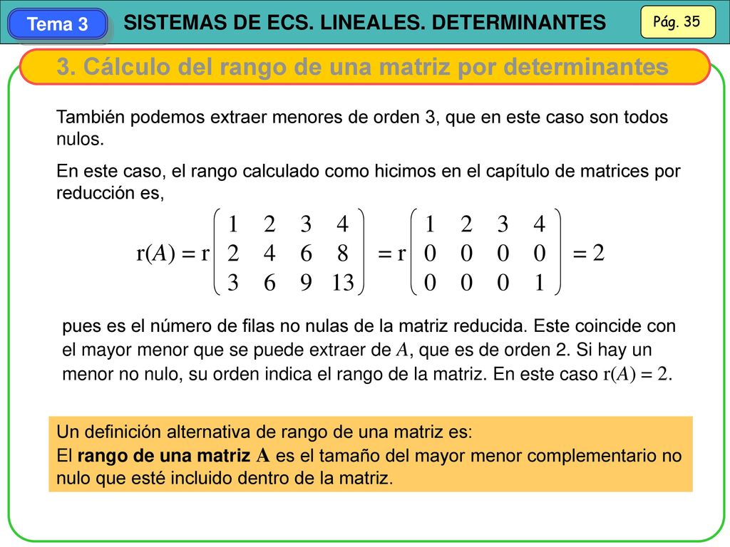 3. Cálculo del rango de una matriz por determinantes
