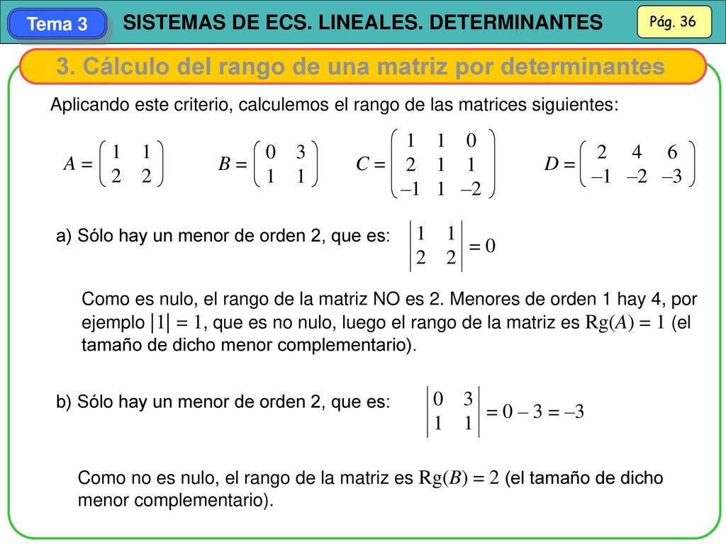 3. Cálculo del rango de una matriz por determinantes