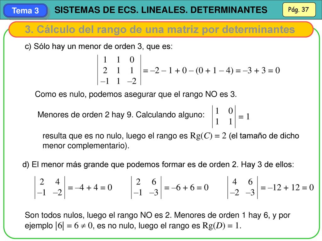3. Cálculo del rango de una matriz por determinantes
