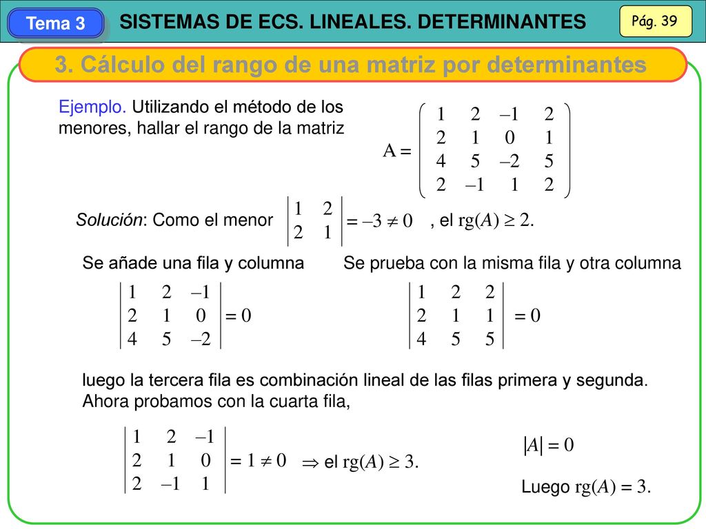3. Cálculo del rango de una matriz por determinantes