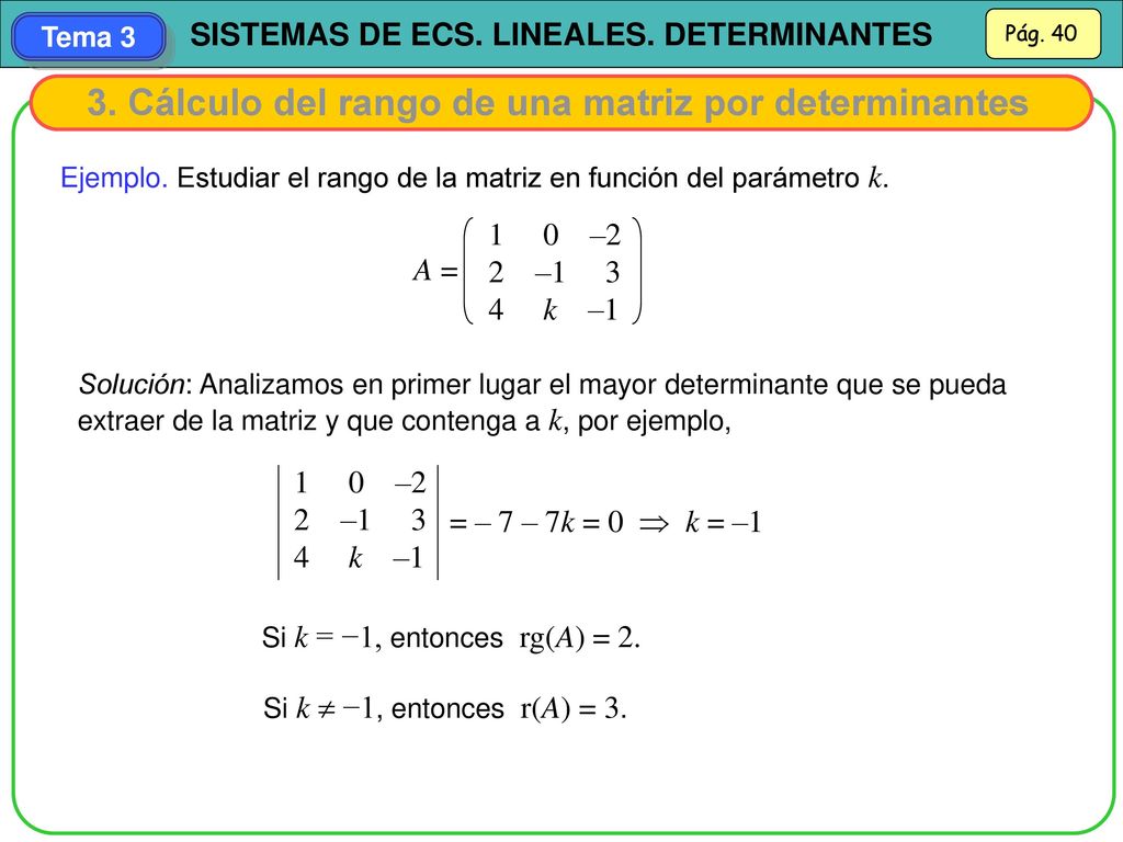 3. Cálculo del rango de una matriz por determinantes