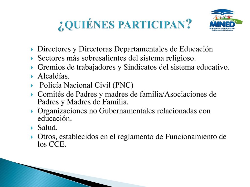 ¿QUIÉNES PARTICIPAN Directores y Directoras Departamentales de Educación. Sectores más sobresalientes del sistema religioso.