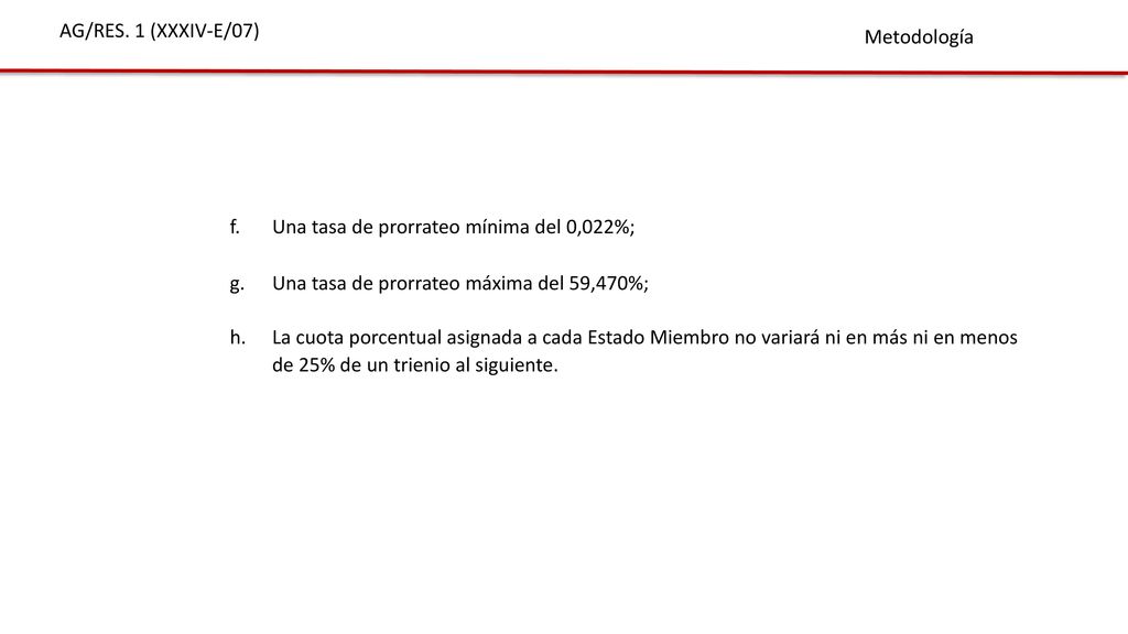 AG/RES. 1 (XXXIV-E/07) Metodología. f. Una tasa de prorrateo mínima del 0,022%; g. Una tasa de prorrateo máxima del 59,470%;