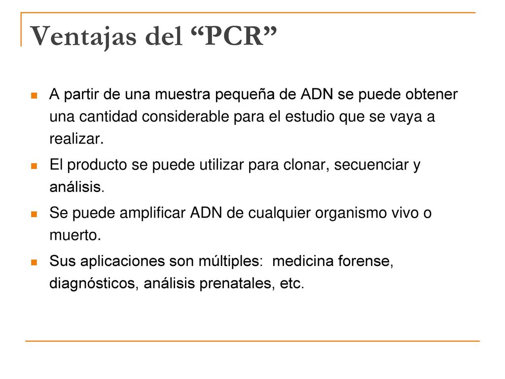 Ventajas del PCR A partir de una muestra pequeña de ADN se puede obtener una cantidad considerable para el estudio que se vaya a realizar.
