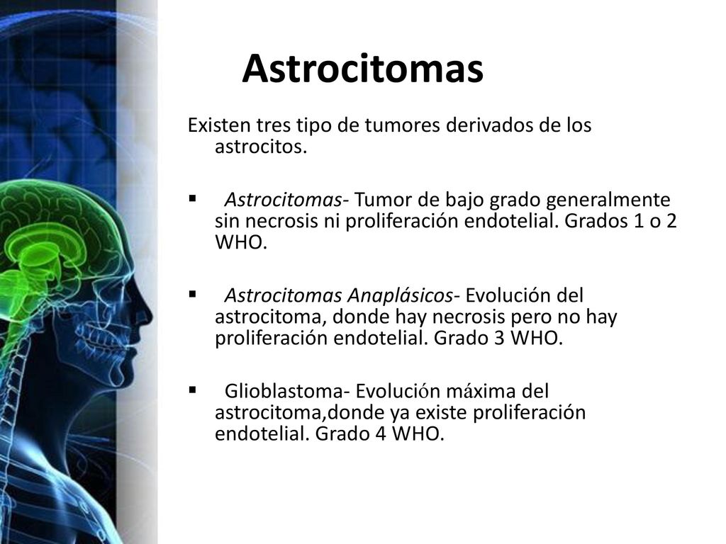 Astrocitomas Existen tres tipo de tumores derivados de los astrocitos.