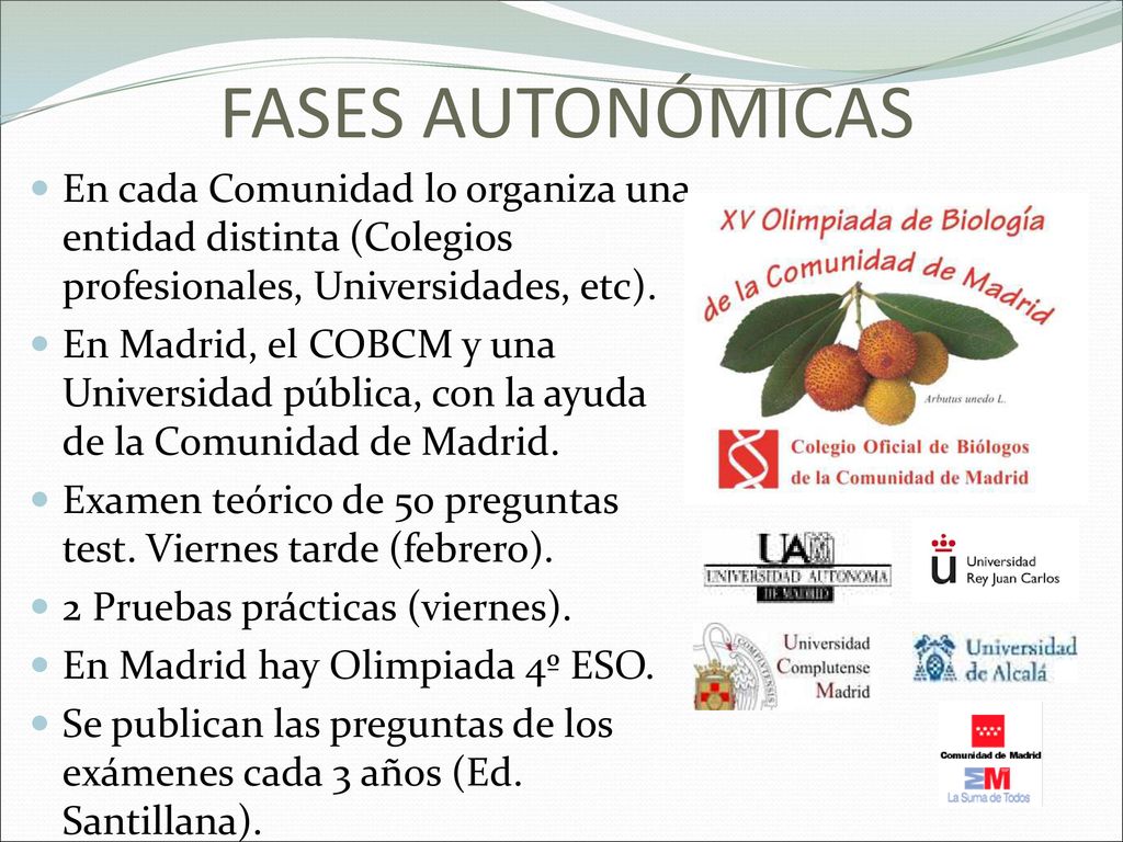 FASES AUTONÓMICAS En cada Comunidad lo organiza una entidad distinta (Colegios profesionales, Universidades, etc).