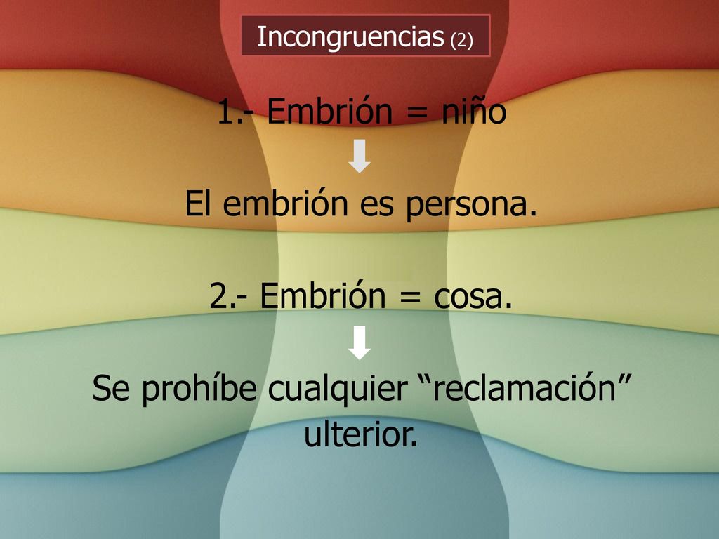 Incongruencias (2) 1.- Embrión = niño El embrión es persona.