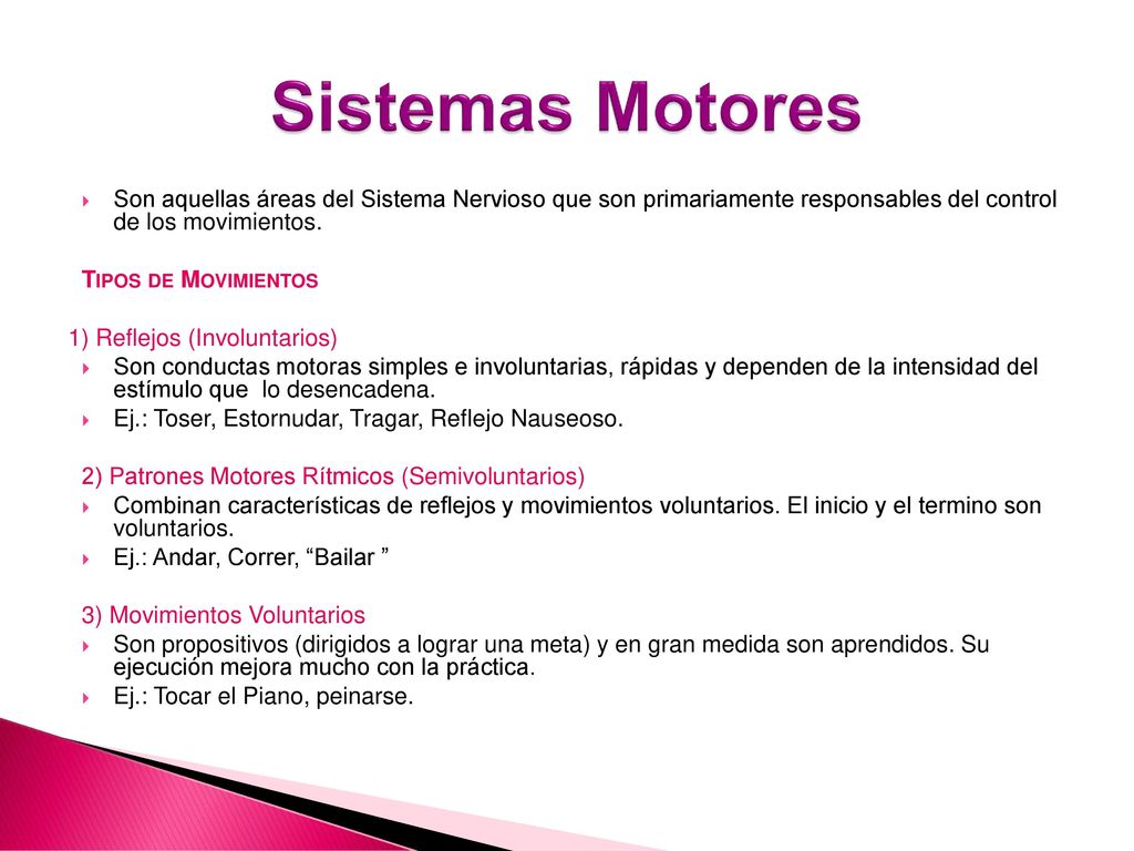 Sistemas Motores Son aquellas áreas del Sistema Nervioso que son primariamente responsables del control de los movimientos.
