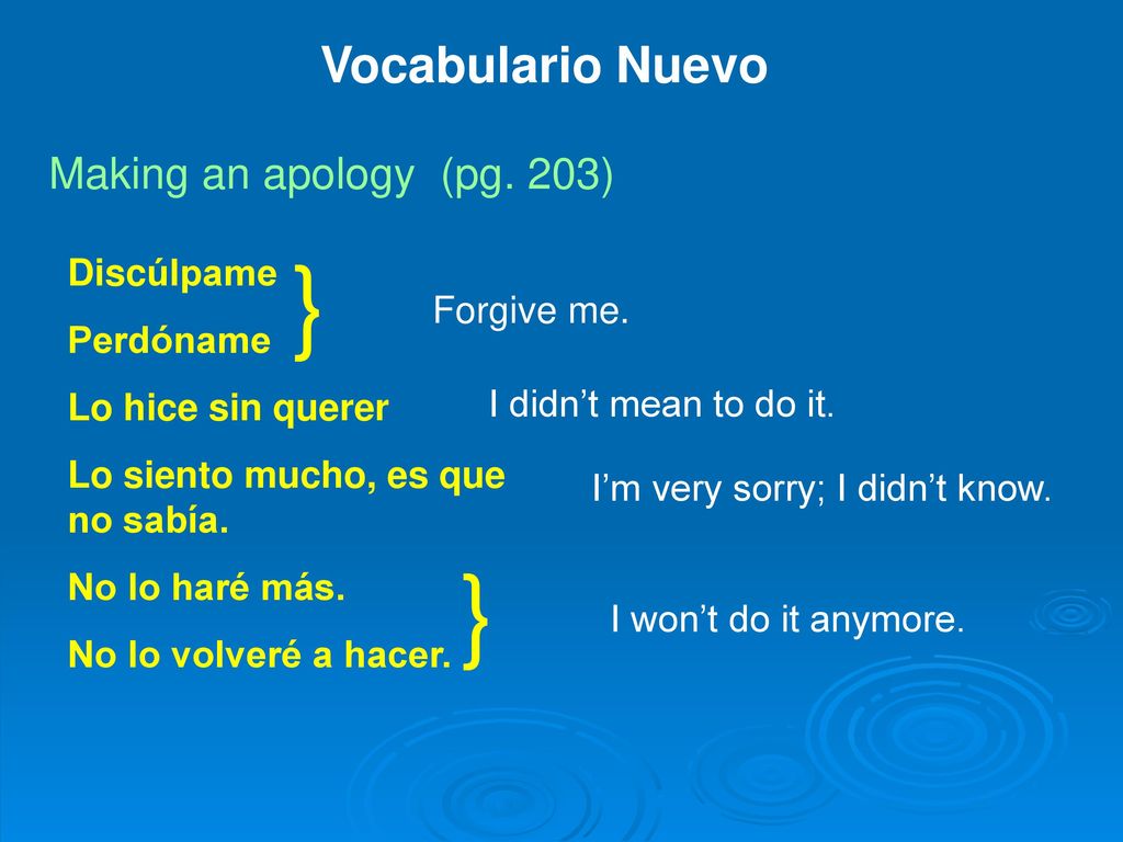 } } Vocabulario Nuevo Making an apology (pg. 203) Discúlpame Perdóname