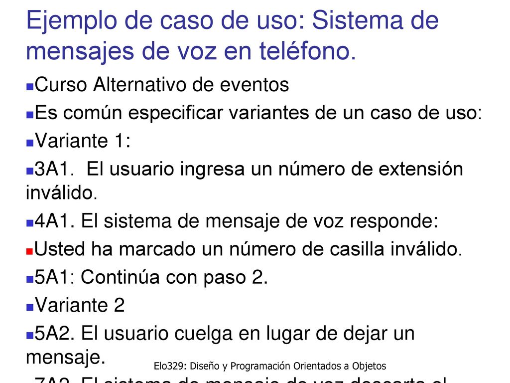 Ejemplo de caso de uso: Sistema de mensajes de voz en teléfono.
