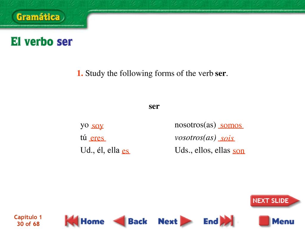 1. Study the following forms of the verb ser.