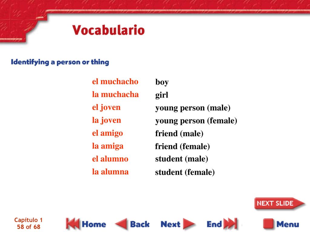 el muchacho boy la muchacha el joven girl la joven el amigo