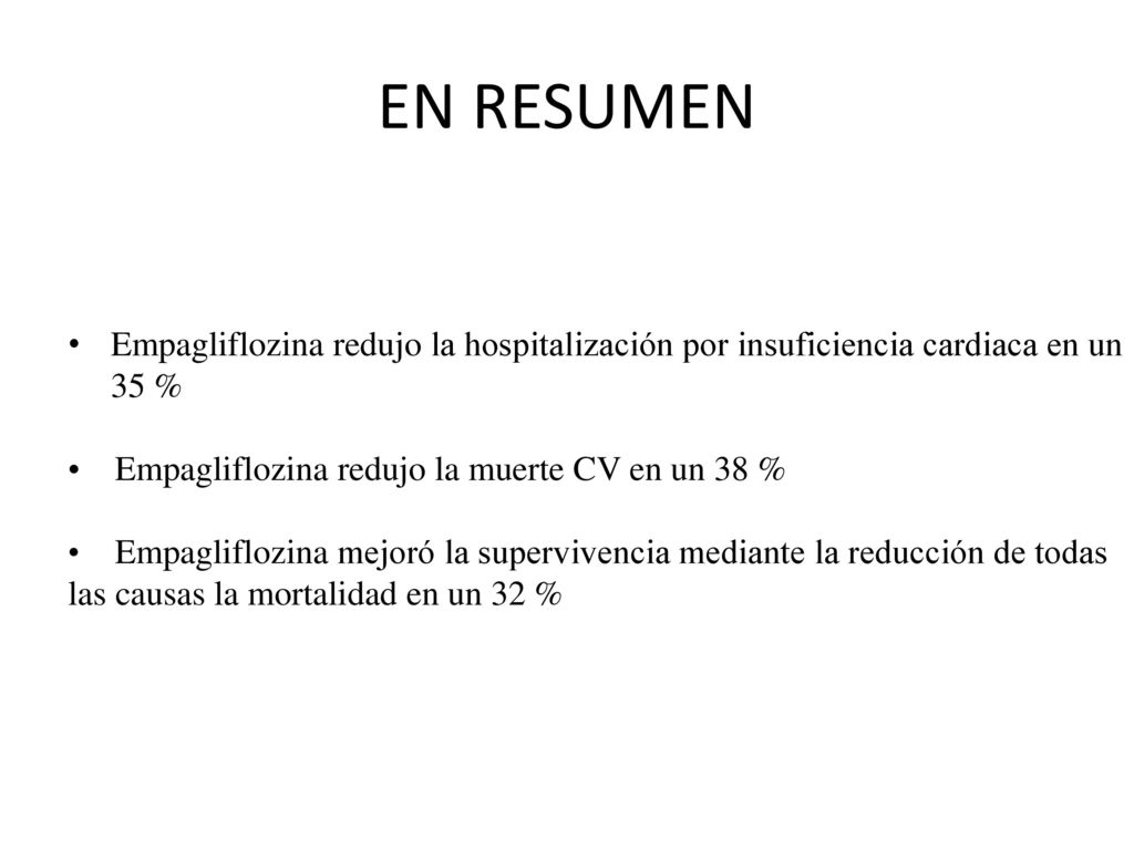 EN RESUMEN Empagliflozina redujo la hospitalización por insuficiencia cardiaca en un 35 % • Empagliflozina redujo la muerte CV en un 38 %