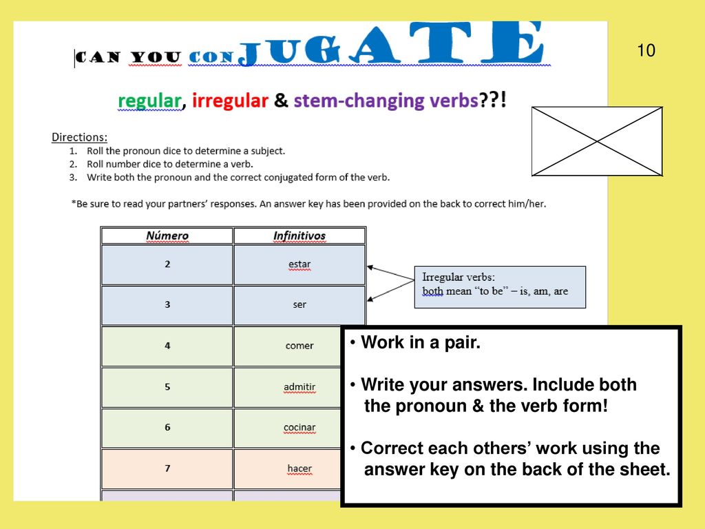 10 Work in a pair. Write your answers. Include both. the pronoun & the verb form! Correct each others’ work using the.