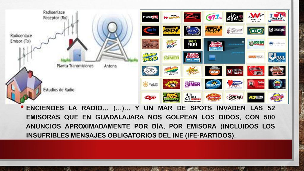 ENCIENDES LA RADIO… (…)… Y UN MAR DE SPOTS INVADEN LAS 52 EMISORAS QUE EN GUADALAJARA NOS GOLPEAN LOS OIDOS, CON 500 ANUNCIOS APROXIMADAMENTE POR DÍA, POR EMISORA (INCLUIDOS LOS INSUFRIBLES MENSAJES OBLIGATORIOS DEL INE (IFE-PARTIDOS).