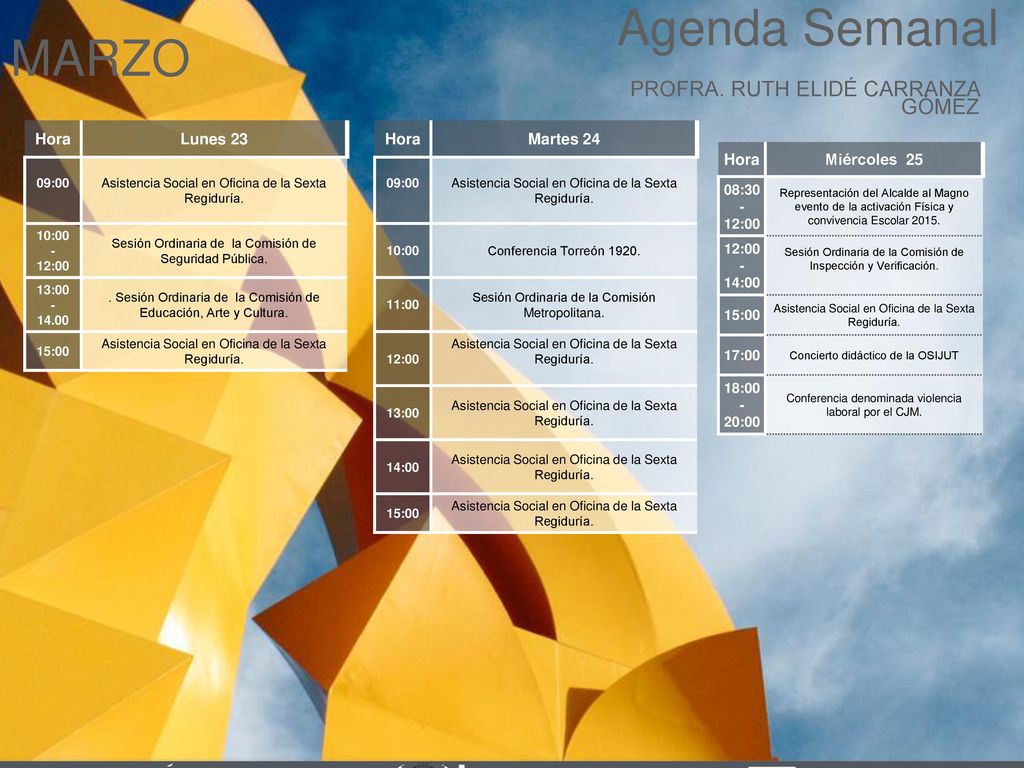 Agenda Semanal MARZO Cabildo Torreón PROFRA. RUTH ELIDÉ CARRANZA GÓMEZ
