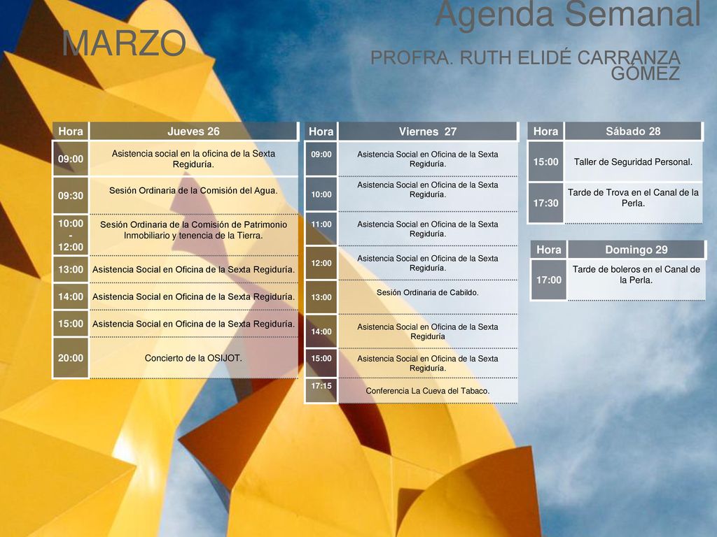 Agenda Semanal MARZO PROFRA. RUTH ELIDÉ CARRANZA GÓMEZ Cabildo Torreón