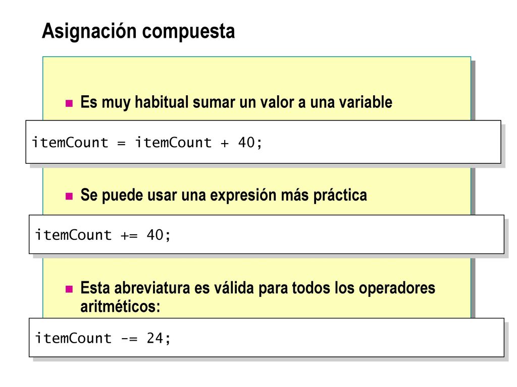 Asignación compuesta Es muy habitual sumar un valor a una variable
