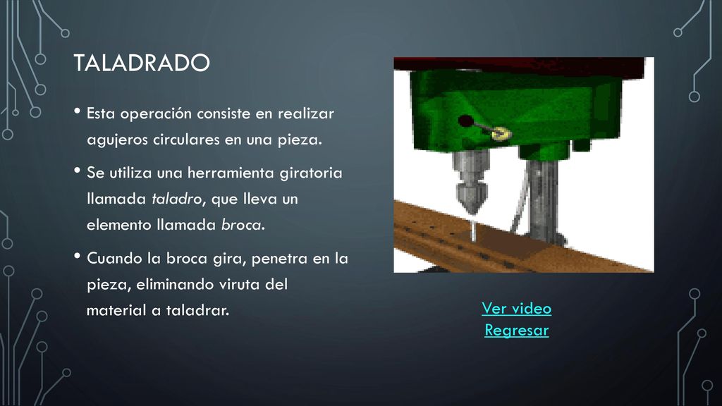 TALADRADO Esta operación consiste en realizar agujeros circulares en una pieza.