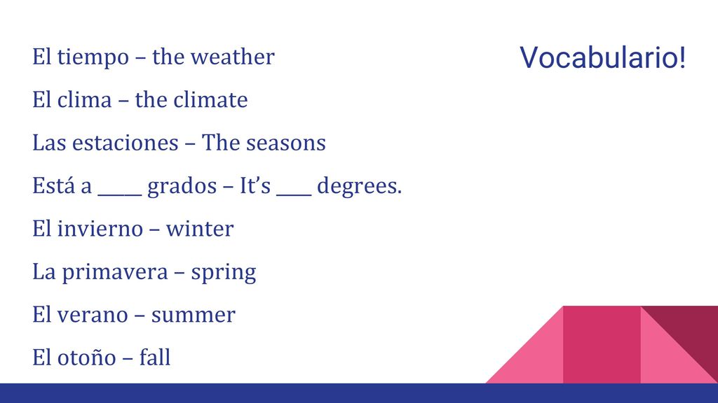 Vocabulario! El tiempo – the weather El clima – the climate