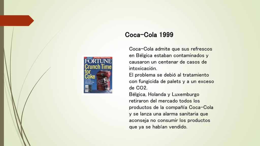 Coca-Cola 1999 Coca-Cola admite que sus refrescos en Bélgica estaban contaminados y causaron un centenar de casos de intoxicación.