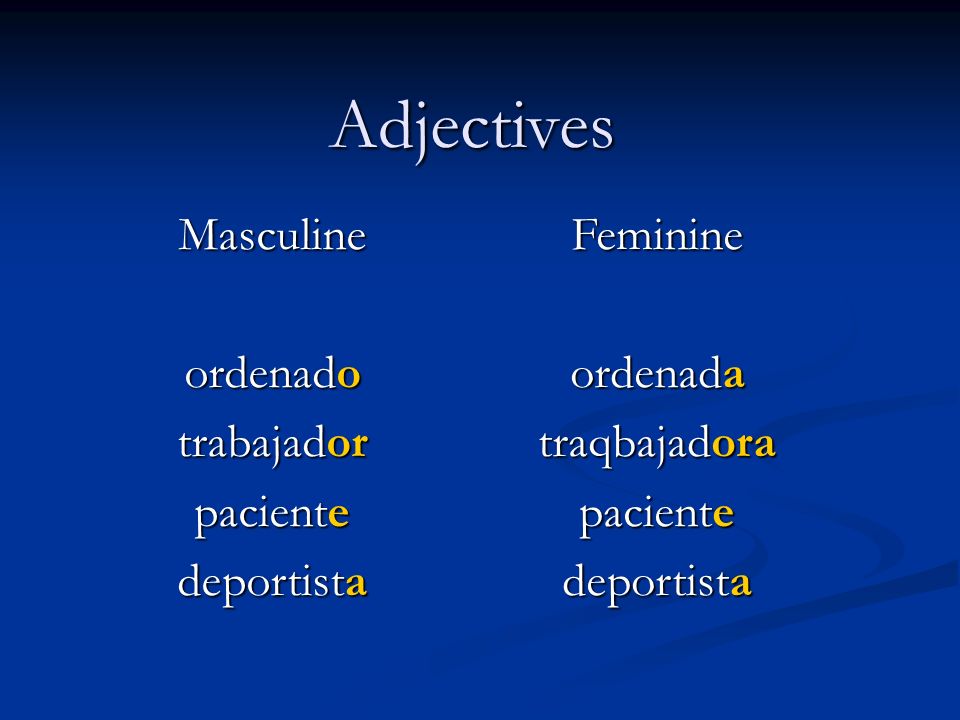 Adjectives Masculine ordenado trabajador paciente deportista Feminine