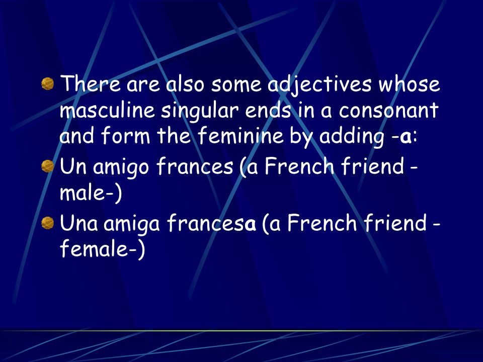 There are also some adjectives whose masculine singular ends in a consonant and form the feminine by adding -a: