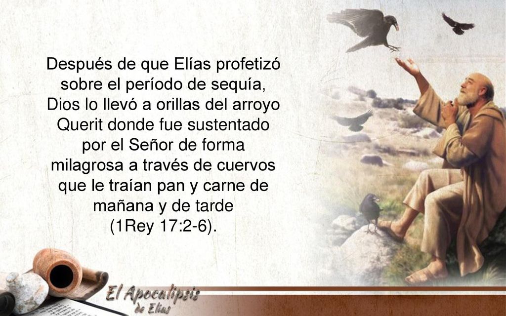 Después de que Elías profetizó sobre el período de sequía, Dios lo llevó a orillas del arroyo Querit donde fue sustentado por el Señor de forma milagrosa a través de cuervos que le traían pan y carne de mañana y de tarde